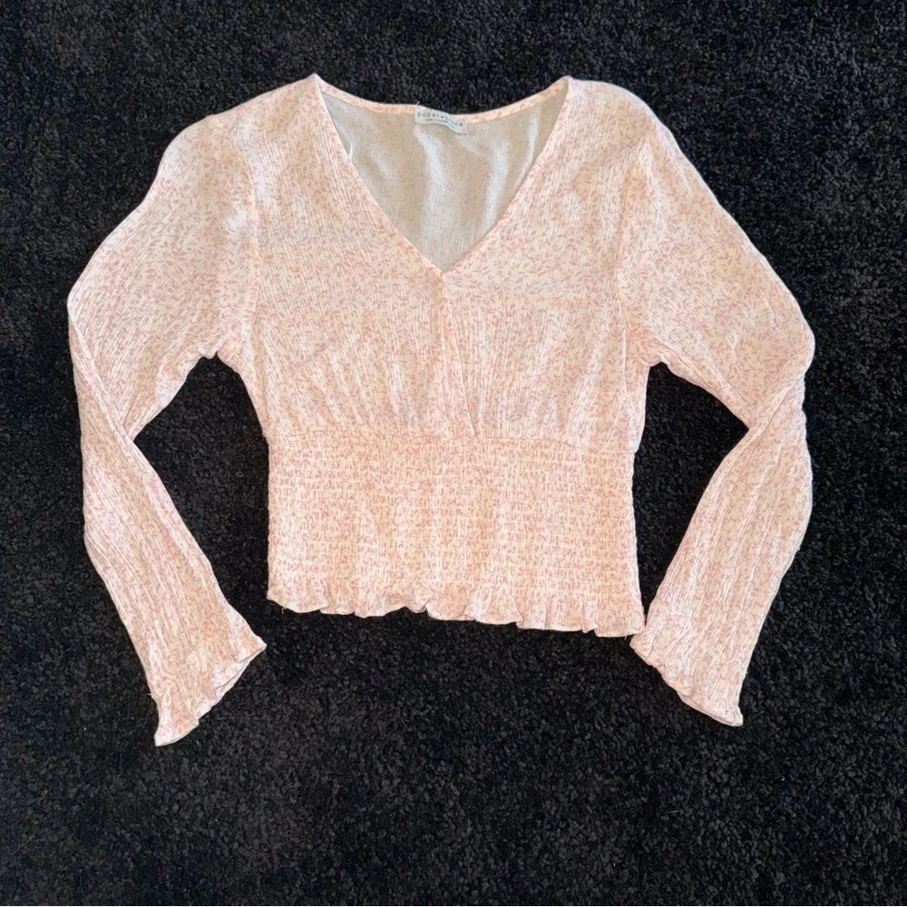 Paper Crane Pink Smocked Crop Top V-Neck Long Sleeve Peplum - Size S - Picture 1 of 8